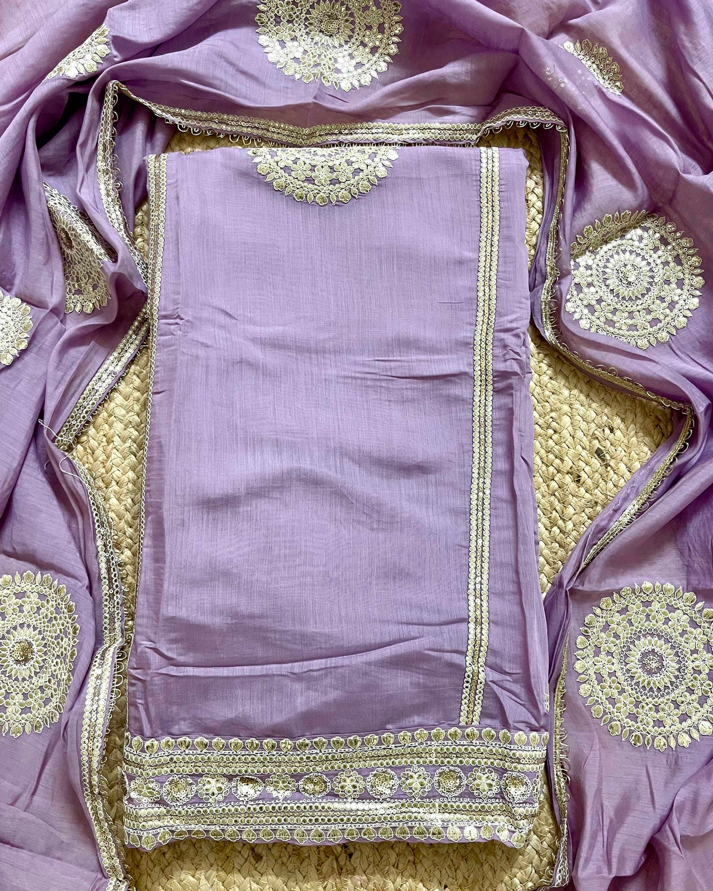 Designer Mal Chanderi Embroidered 3-Piece Suit Set (lavender)