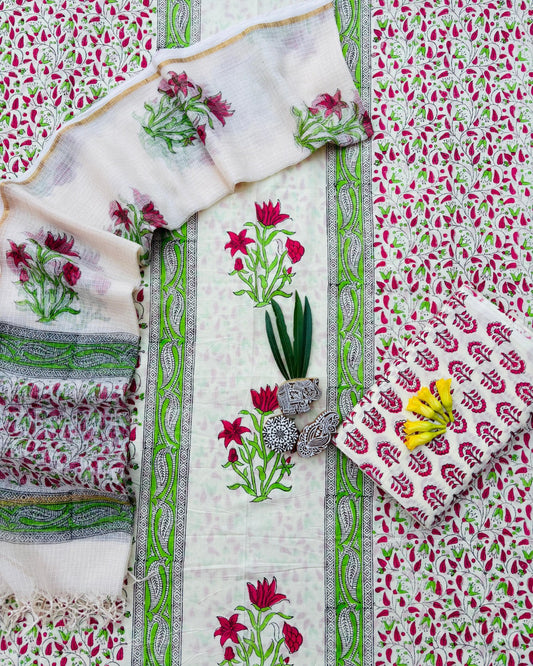 Bagru Hand Block Printed Cotton Suit With Kota Doria Dupatta