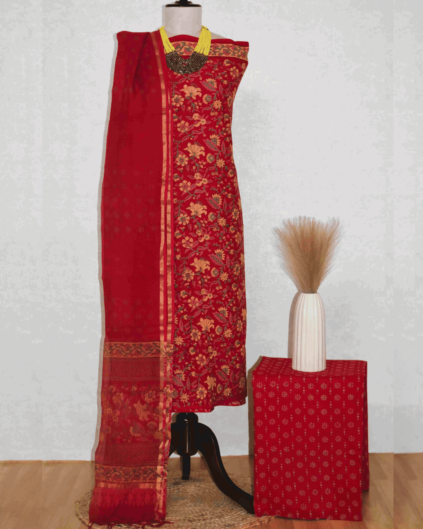 Red All-over Floral Hand Block Printed Cotton Suit With Kota Doria Dupatta