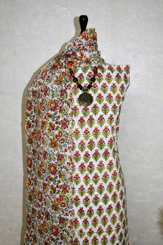 All-over Red Floral Smal Buti Printed Hand Block Printed Cotton Suit with Malmal Dupatta