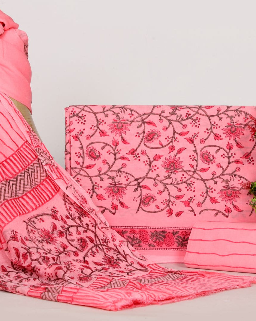 All-over Peach Floral Hand Block Printed Cotton Suit with Pure Chiffon dupatta