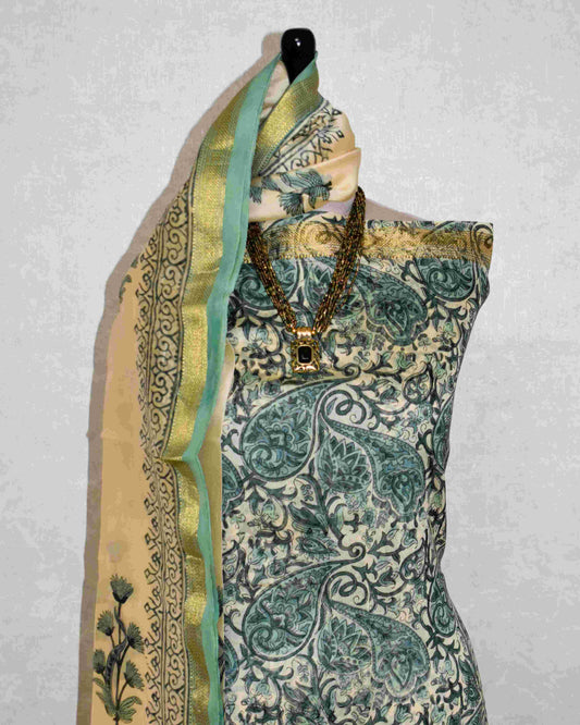 Bagru Sage Green Paisley Printed Maheshwari Silk Suit Set