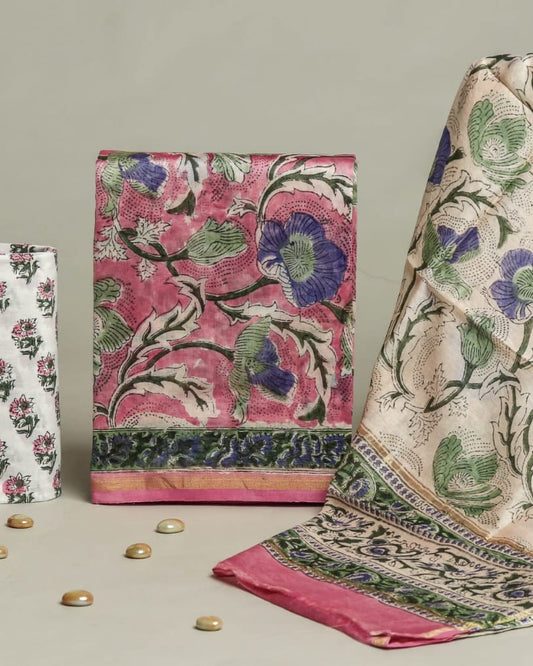 Dusty Pink Timeless Chanderi Silk Suit with Floral Sanganeri Print