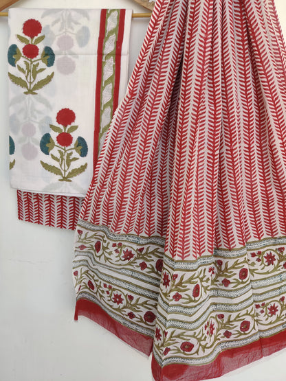 Red Mughal Floral Buta Hand Block Printed Cotton Suit with Malmal Dupatta