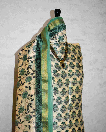 Sage Green Floral Buti Printed Maheshwari Silk Suit Set