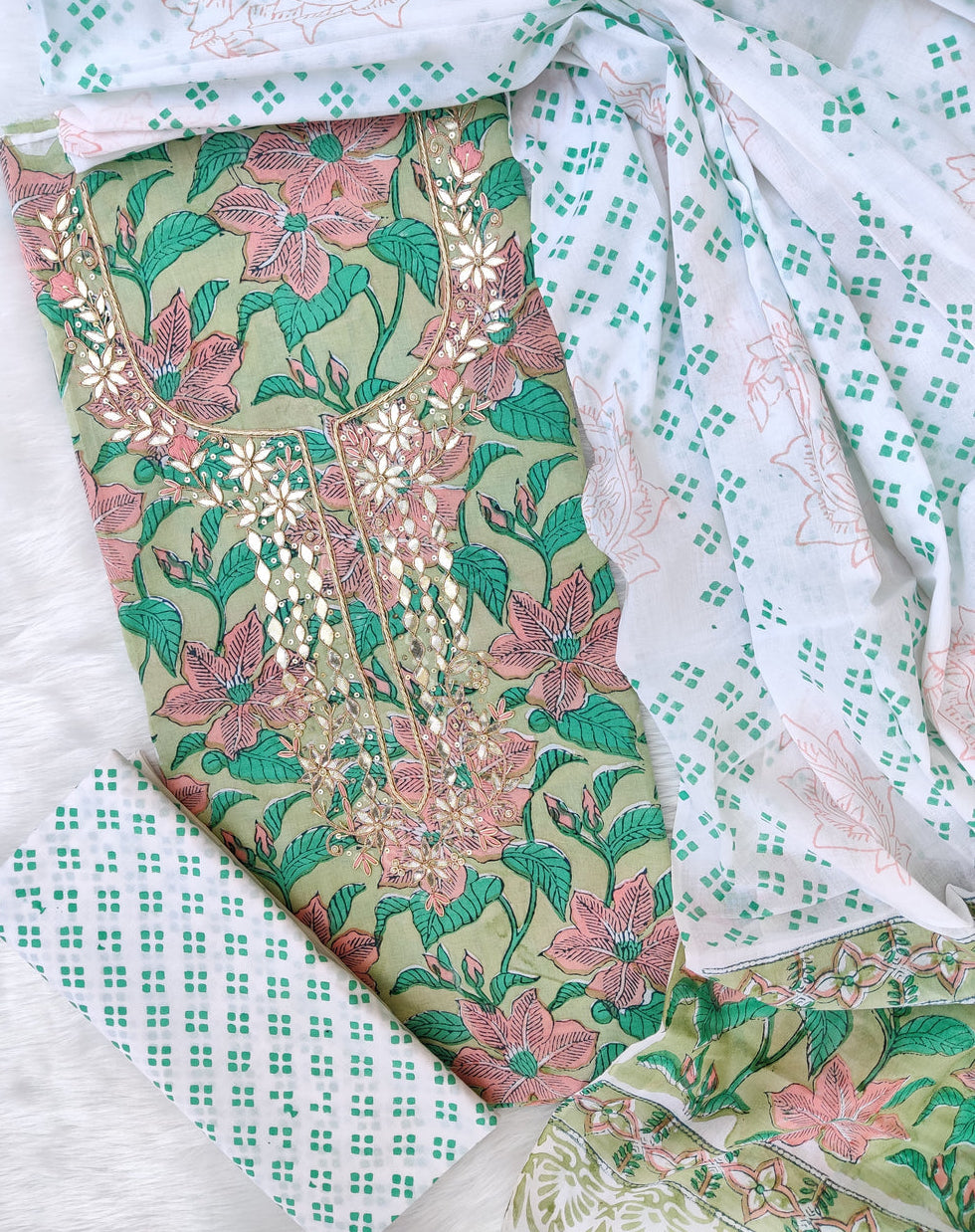 Hand Block Printed Cotton Suit with Gota Patti Hand Embroidery and Soft Malmal Dupatta