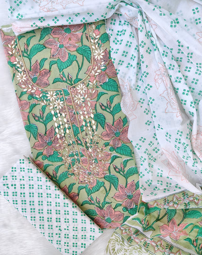 Hand Block Printed Cotton Suit with Gota Patti Hand Embroidery and Soft Malmal Dupatta