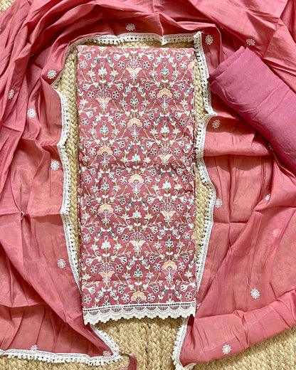 Floral Embroidered Mal Chanderi Unstitched Suit Set with Lace Detailing (Peach Blush)
