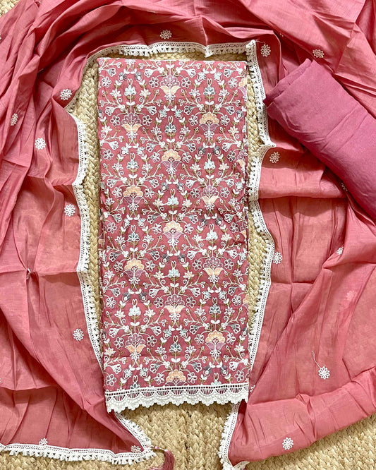 Floral Embroidered Mal Chanderi Unstitched Suit Set with Lace Detailing (Peach Blush)