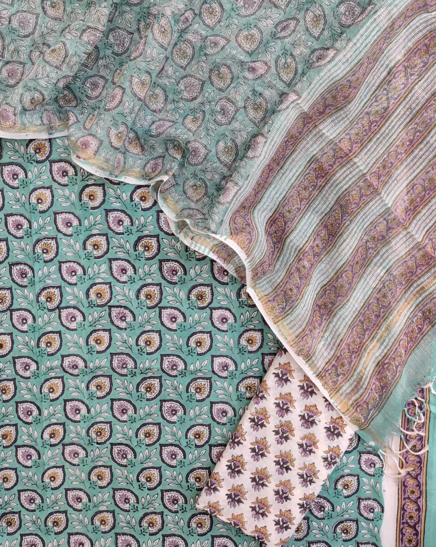 Blue Green Mor Pankh Hand Block Printed Cotton Suit With Kota Doria Dupatta