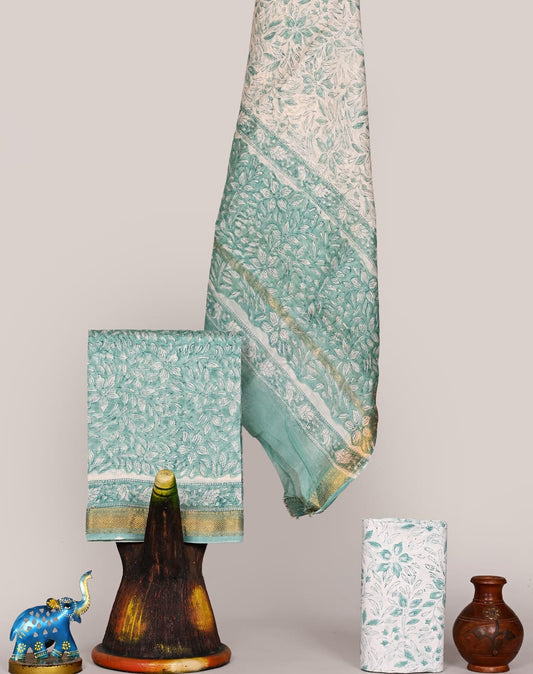 Pastel Green All-over Floral Jaal Hand Block Printed Maheshwari Silk Suit Set