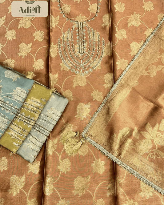 Premium Copper Brown Jacquard Silk Suit Set with Embroidered Neck & Woven Dupatta