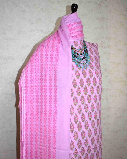 Sanganeri Hand Block Printed Unstitched Cotton Suit Set with malmal dupatta