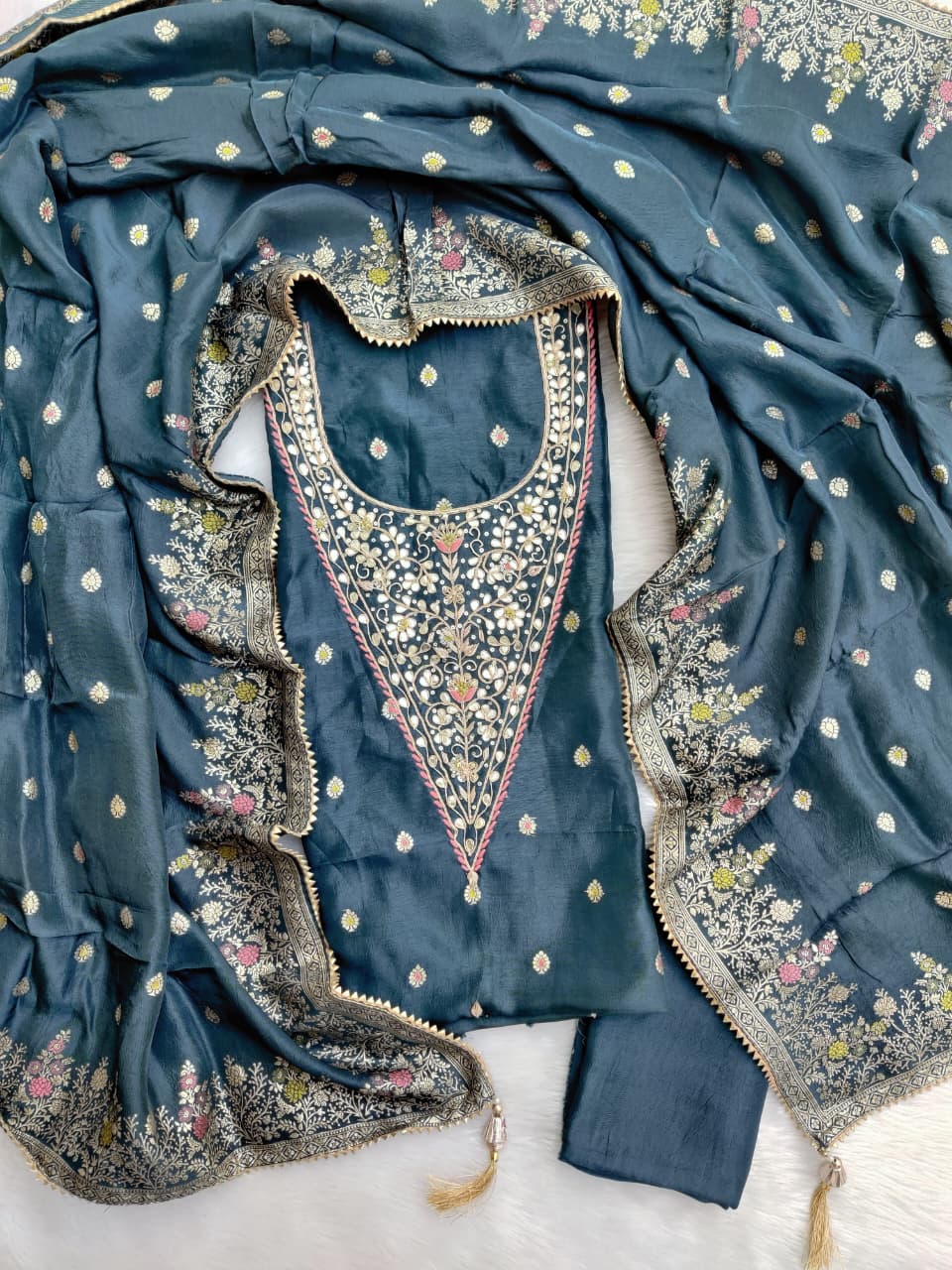 Blue-Grey Silk Gota Patti Suit Set with Banarsi Silk Dupatta