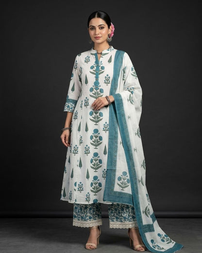 Blue Floral Jaipuri Printed Unstitched Cotton Suit Set