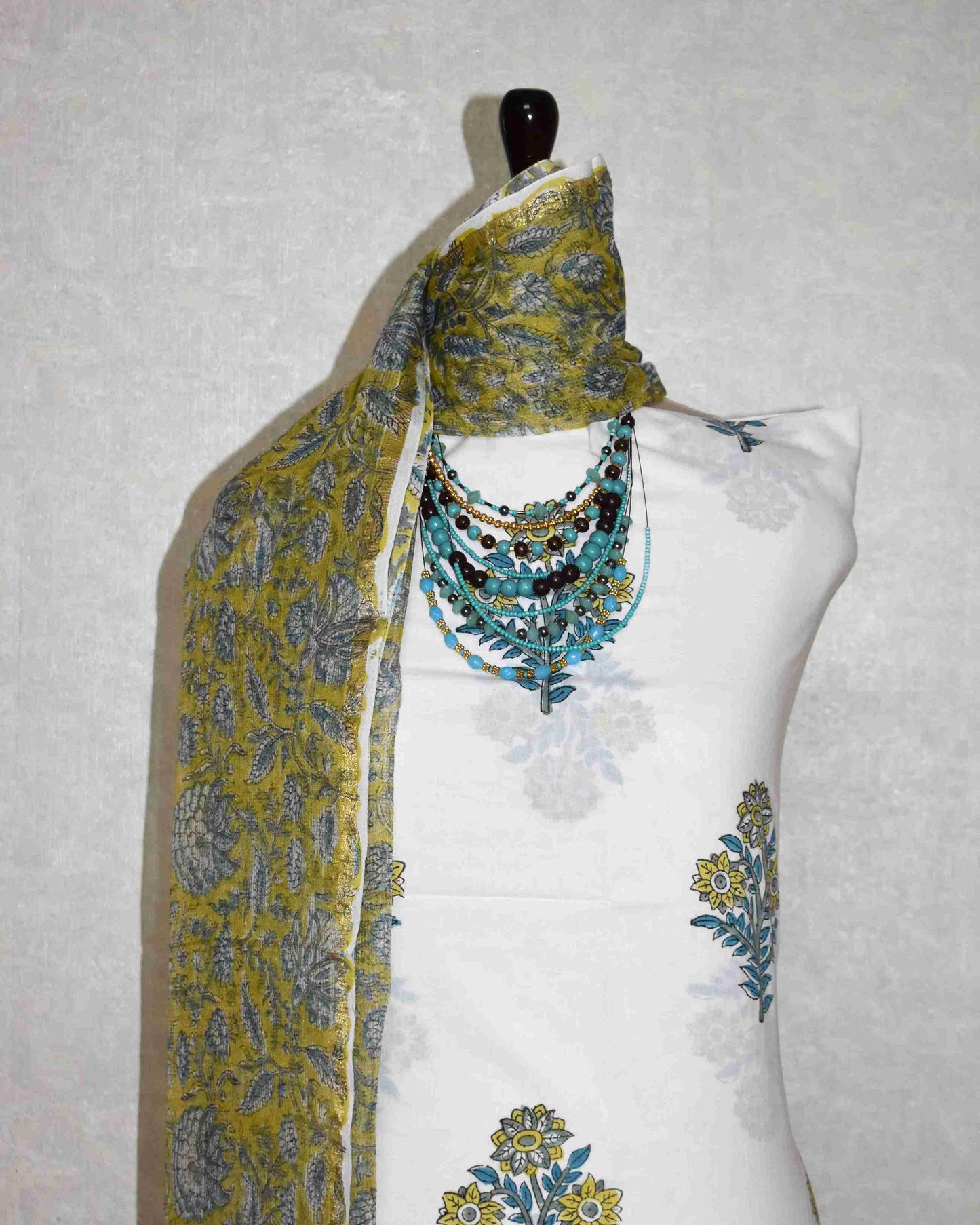 Floral Mughal Buta Hand Block Printed Cotton Suit With Kota Doria Dupatta