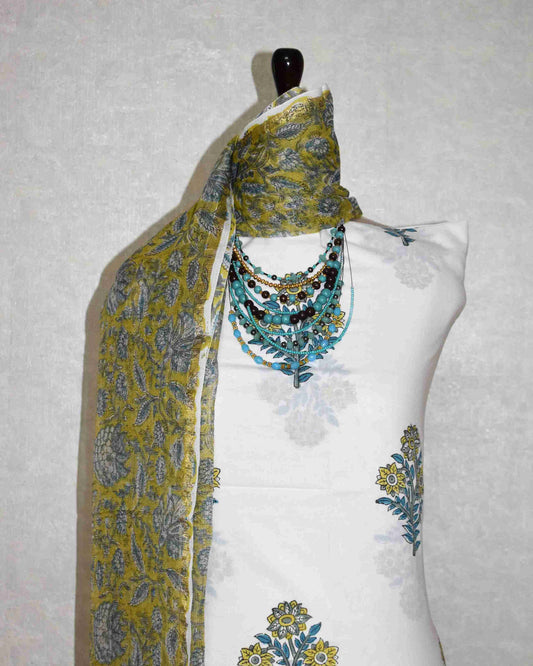 Floral Mughal Buta Hand Block Printed Cotton Suit With Kota Doria Dupatta