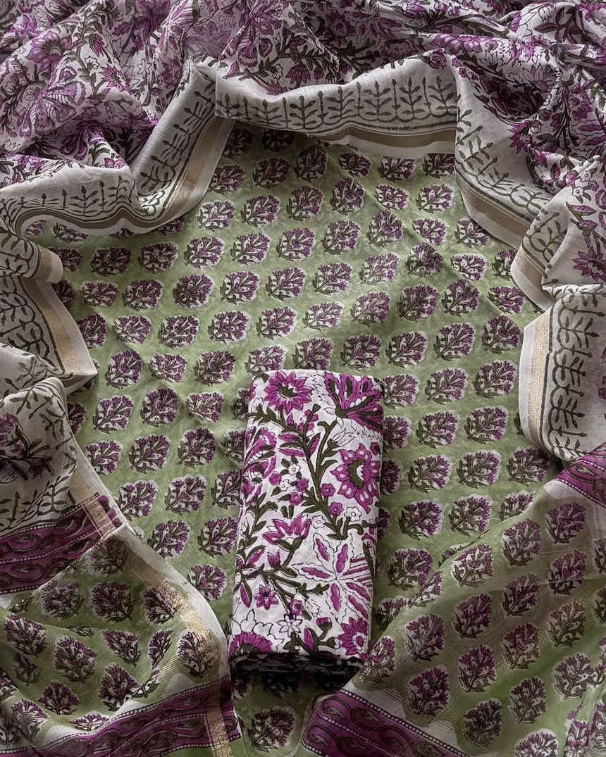 Green Chanderi Silk Suit with All-over Pink Floral buti Sanganeri Print