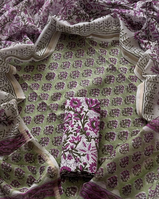 Green Chanderi Silk Suit with All-over Pink Floral buti Sanganeri Print