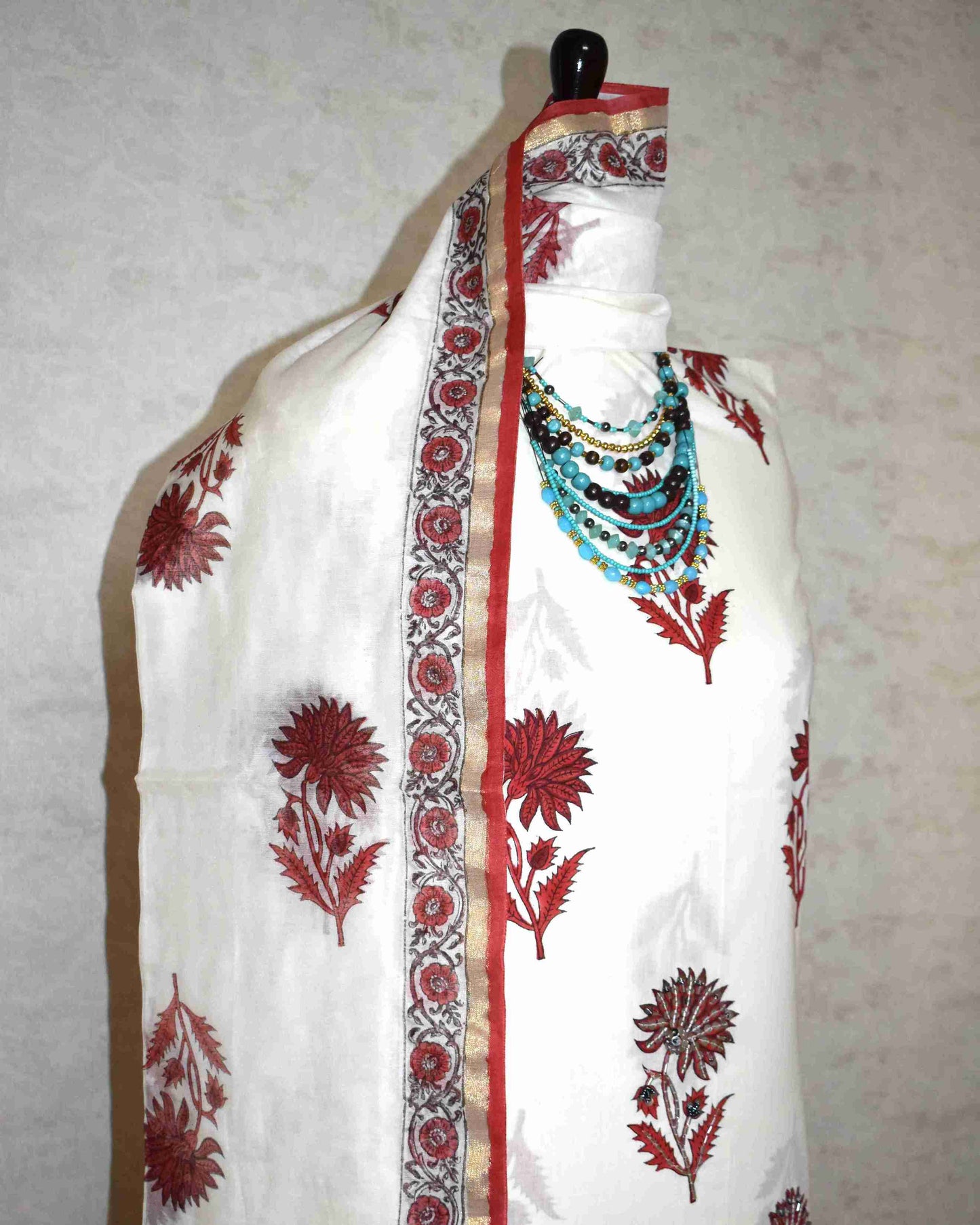 Hand Embroidered and Hand Block Printed Premium Cotton Unstitched Suit with Chanderi Silk Dupatta - Designer Edit