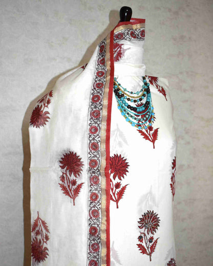 Hand Embroidered and Hand Block Printed Premium Cotton Unstitched Suit with Chanderi Silk Dupatta - Designer Edit