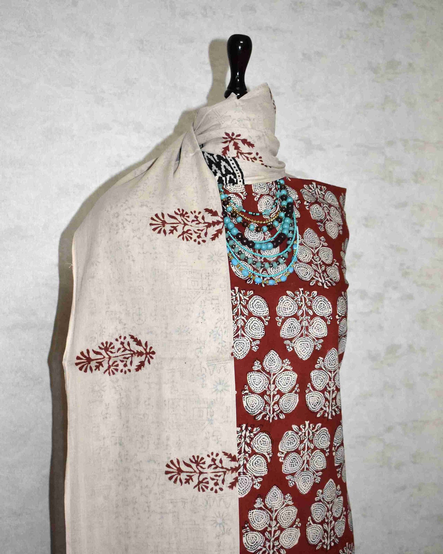 Bagru Hand Block Printed Unstitched Cotton Suit Set with malmal dupatta