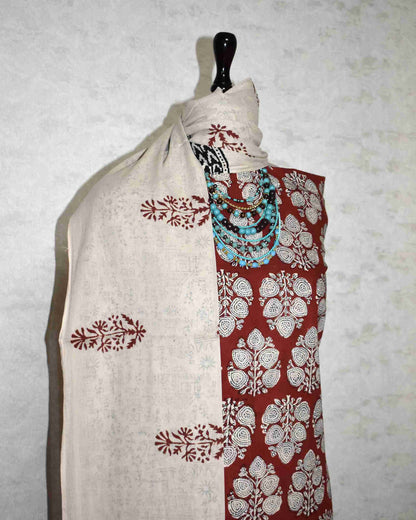 Bagru Hand Block Printed Unstitched Cotton Suit Set with malmal dupatta