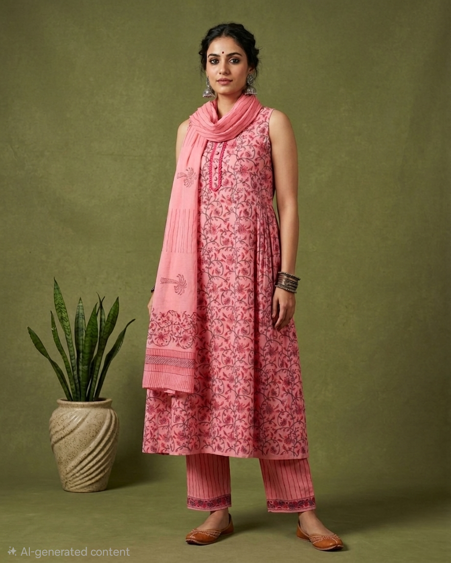 All-over Peach Floral Hand Block Printed Cotton Suit with Pure Chiffon dupatta