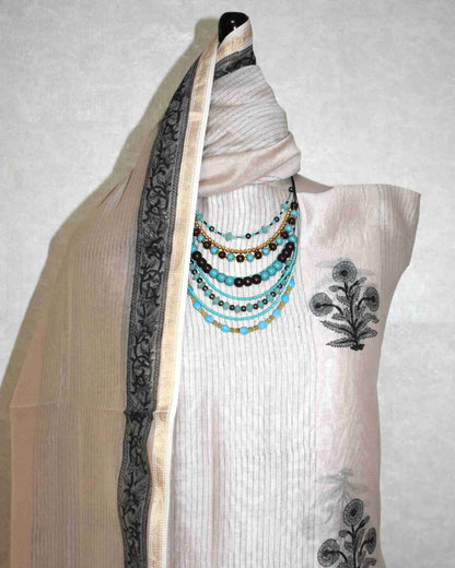 Hand Block Printed Chanderi Silk Suit with Santoon Bottom and Chanderi Silk Dupatta