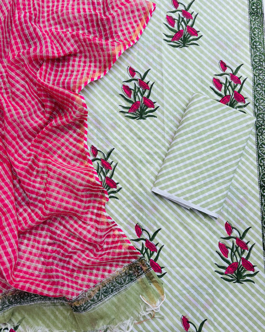 Pink Floral Hand Block Printed Cotton Suit with Kota Doria Lehriya Dupatta