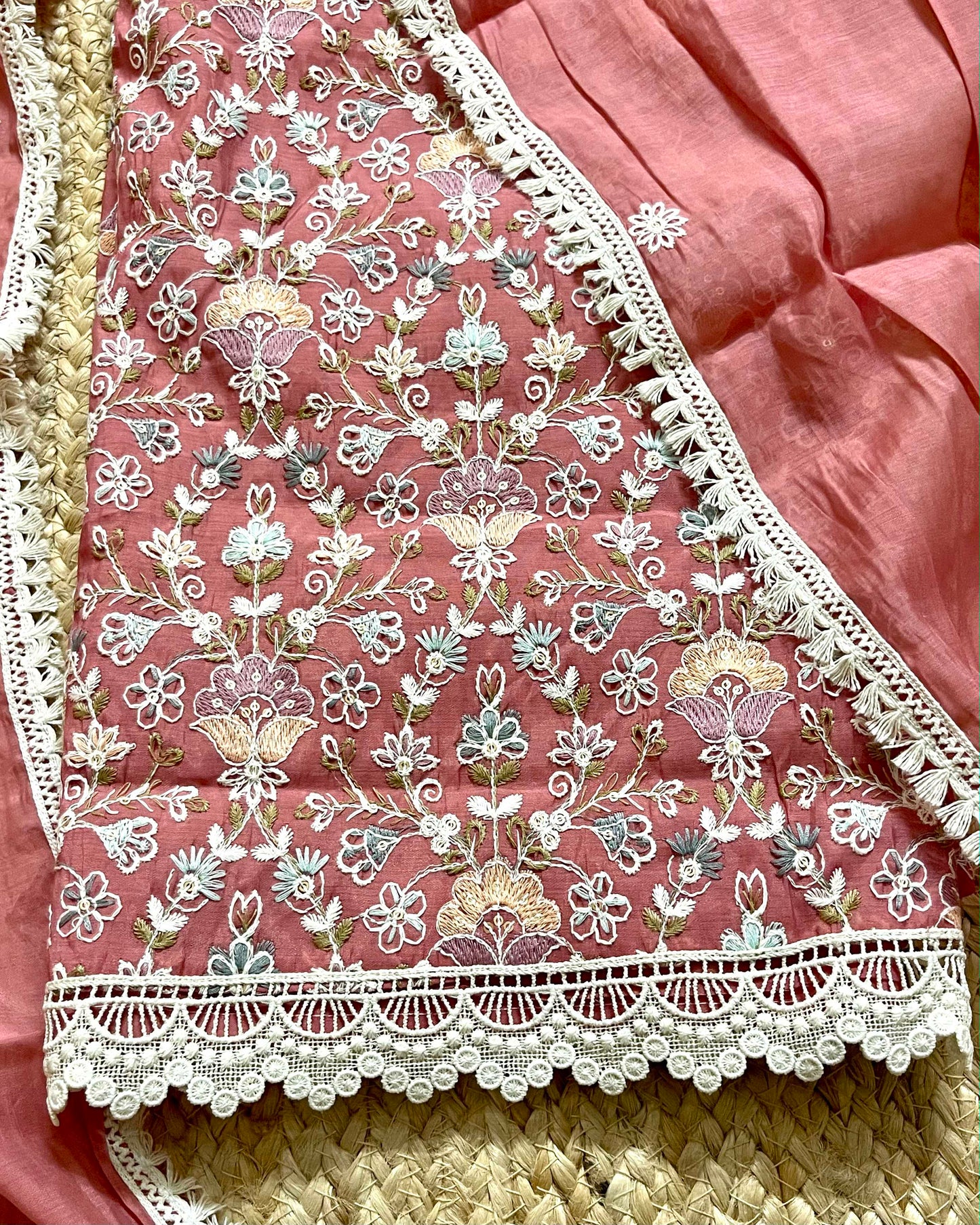 Floral Embroidered Mal Chanderi Unstitched Suit Set with Lace Detailing (Peach Blush)