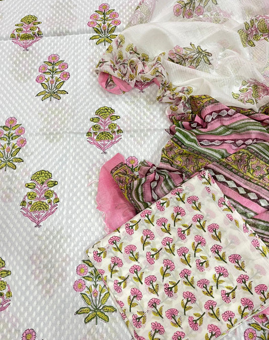 Hand Block Printed Premium Dobi Cotton Unstitched Suit with Floral Buta & Kota Doria Dupatta