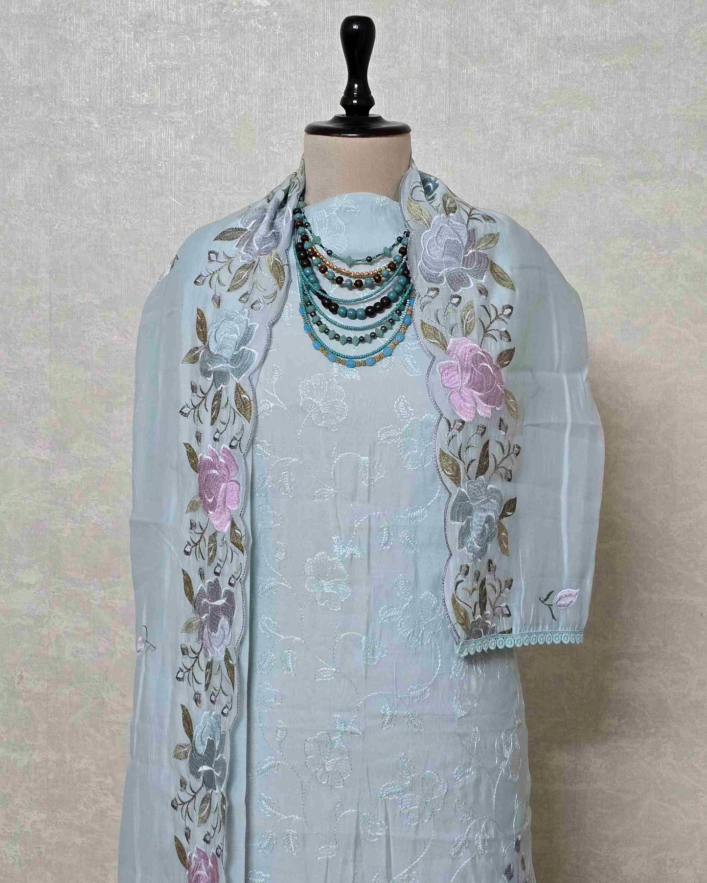 Powder Blue Bloom Embroidered Mal Chanderi Suit Set with Scalloped Dupatta