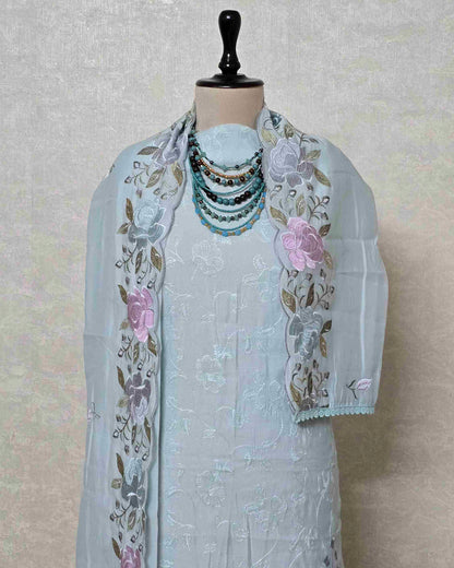 Powder Blue Bloom Embroidered Mal Chanderi Suit Set with Scalloped Dupatta