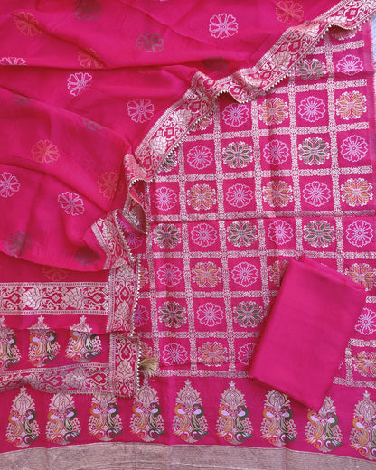 Fuchia Banarasi Silk Suit Set with Banarsi Silk Dupatta