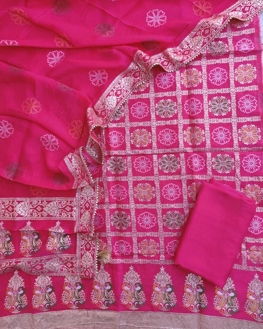 Fuchia Banarasi Silk Suit Set with Banarsi Silk Dupatta