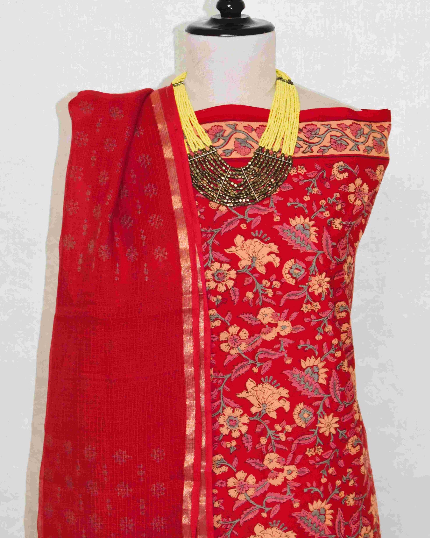 Red All-over Floral Hand Block Printed Cotton Suit With Kota Doria Dupatta