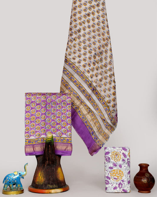 All-over Floral Buti Hand Block Printed Maheshwari Silk Suit Set