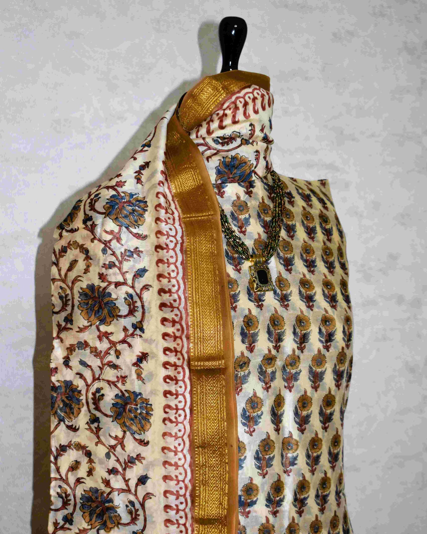 Golden Mustard Bagru Floral Buti Printed Maheshwari Silk Suit Set