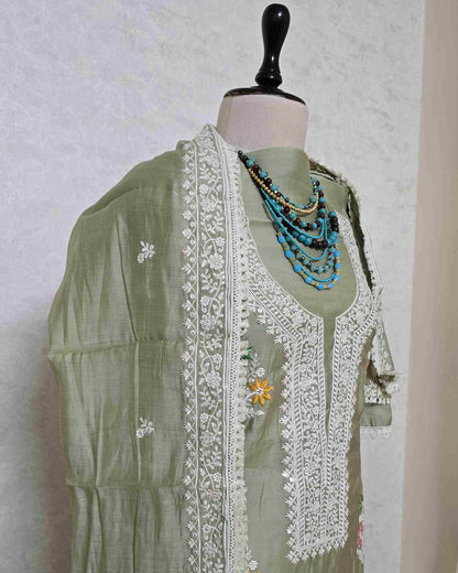 Sage Green MalChanderi with White Threadwork Suit Set with Lace-Edged Dupatta