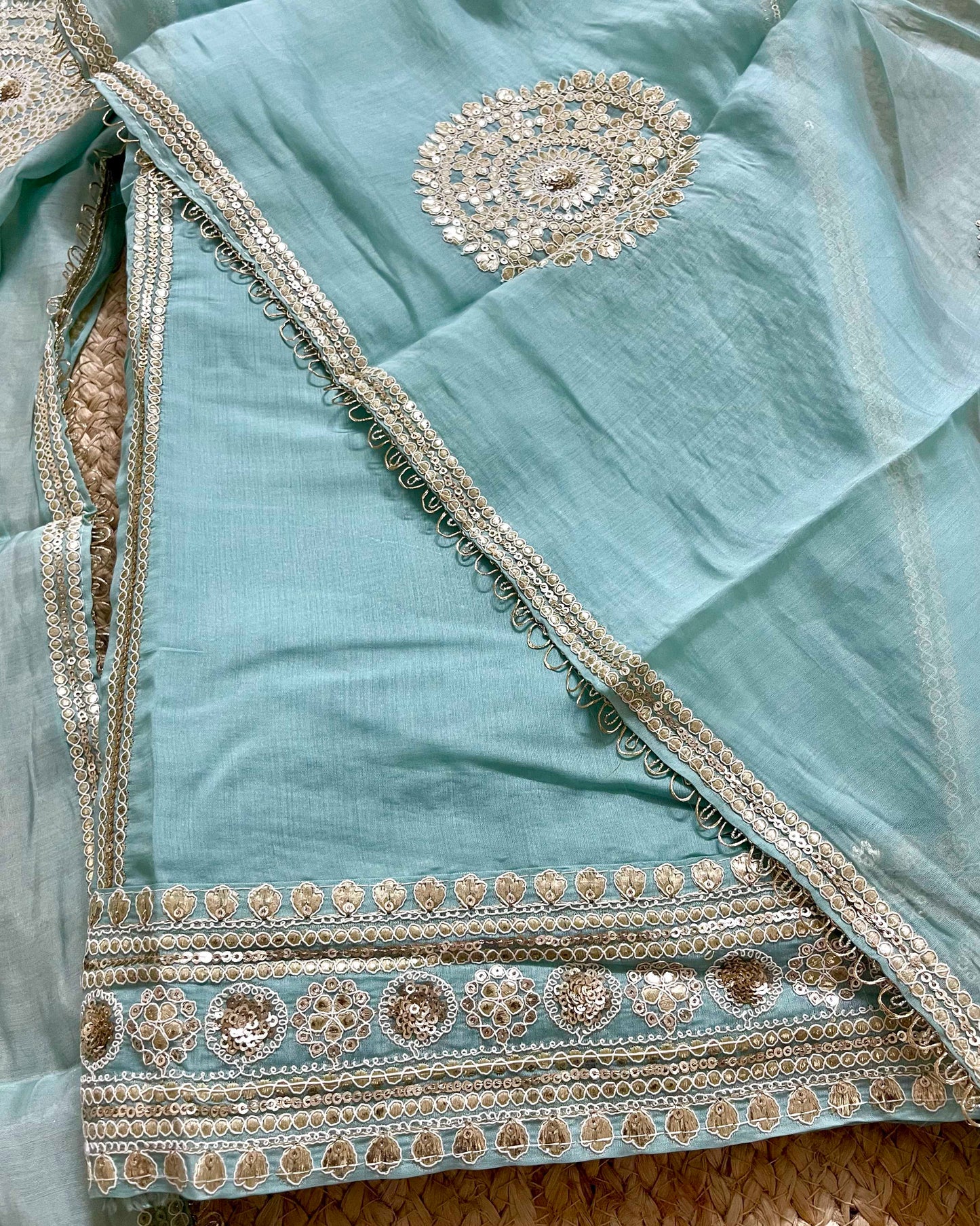 Designer Mal Chanderi Embroidered 3-Piece Suit Set (Powder Blue)