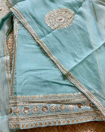 Designer Mal Chanderi Embroidered 3-Piece Suit Set (Powder Blue)