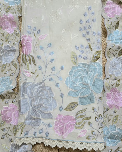Ivory Bloom Embroidered Mal Chanderi Suit Set with Scalloped Dupatta