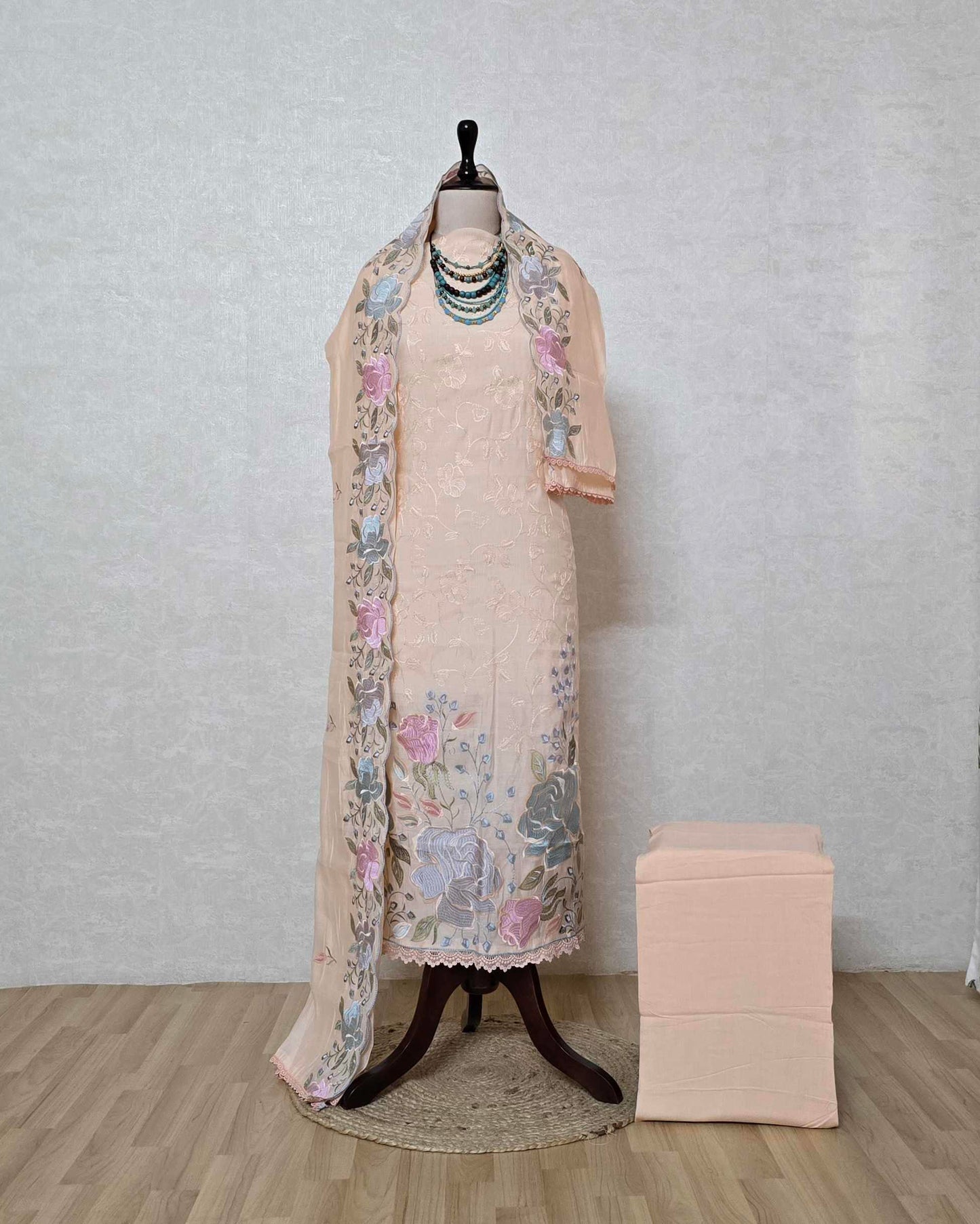 Peach Bloom Embroidered Mal Chanderi Suit Set with Scalloped Dupatta