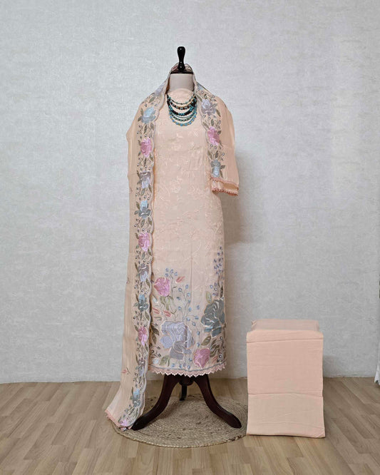 Peach Bloom Embroidered Mal Chanderi Suit Set with Scalloped Dupatta