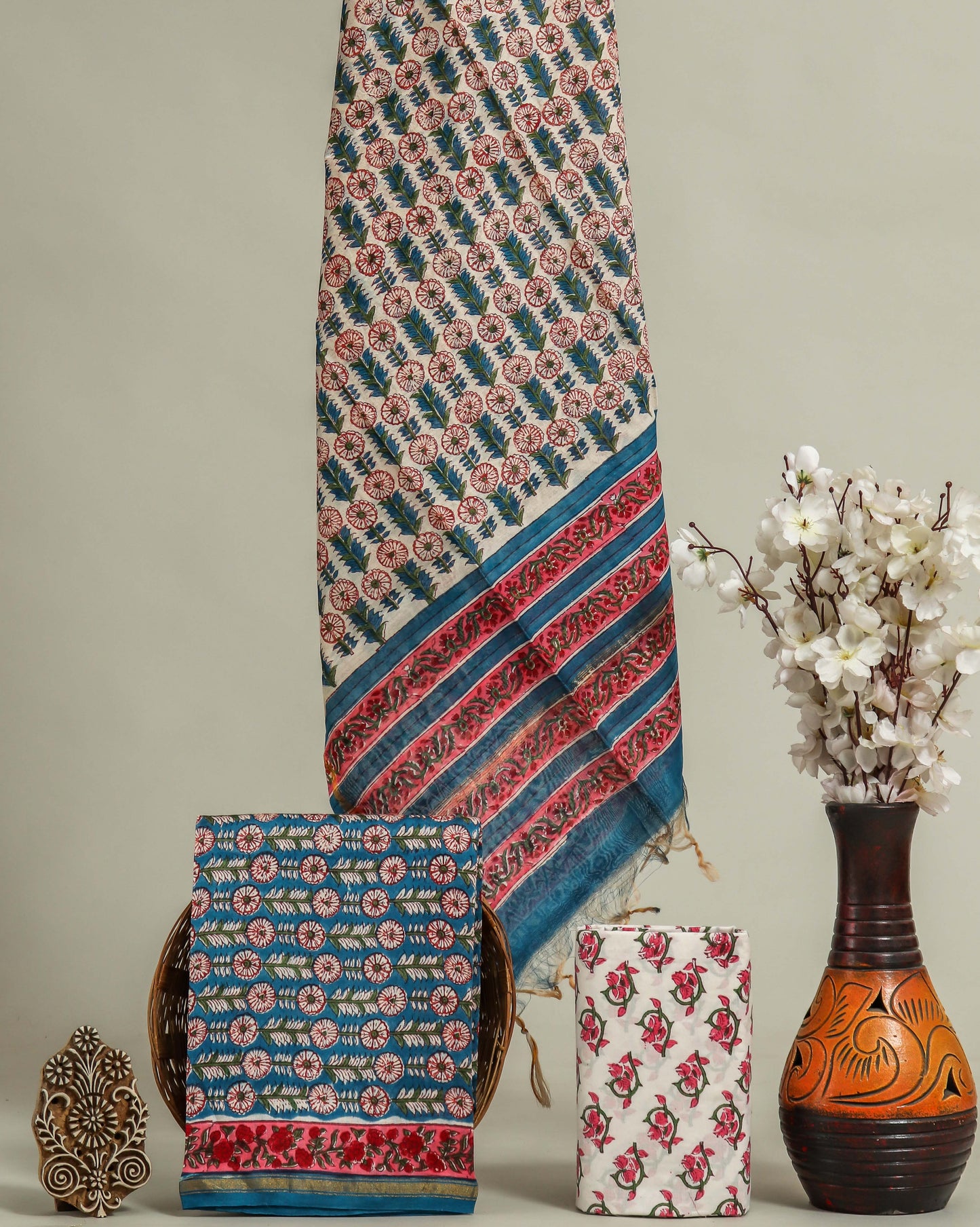 Timeless Blue Chanderi Silk Suit with All-over floral Sanganeri Print