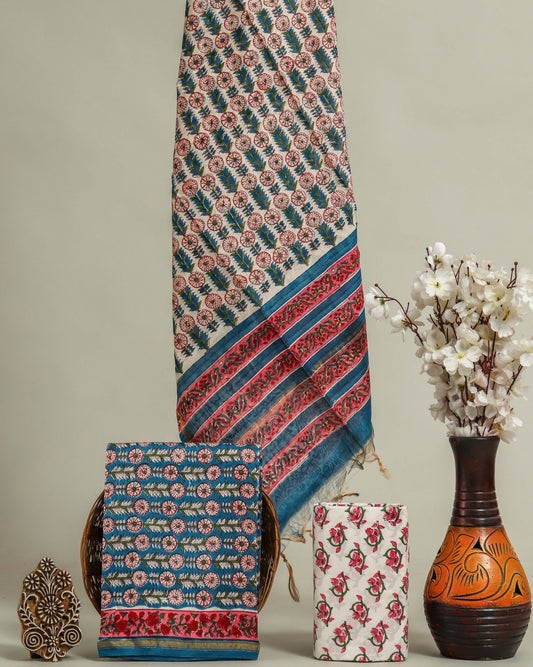Timeless Blue Chanderi Silk Suit with All-over floral Sanganeri Print