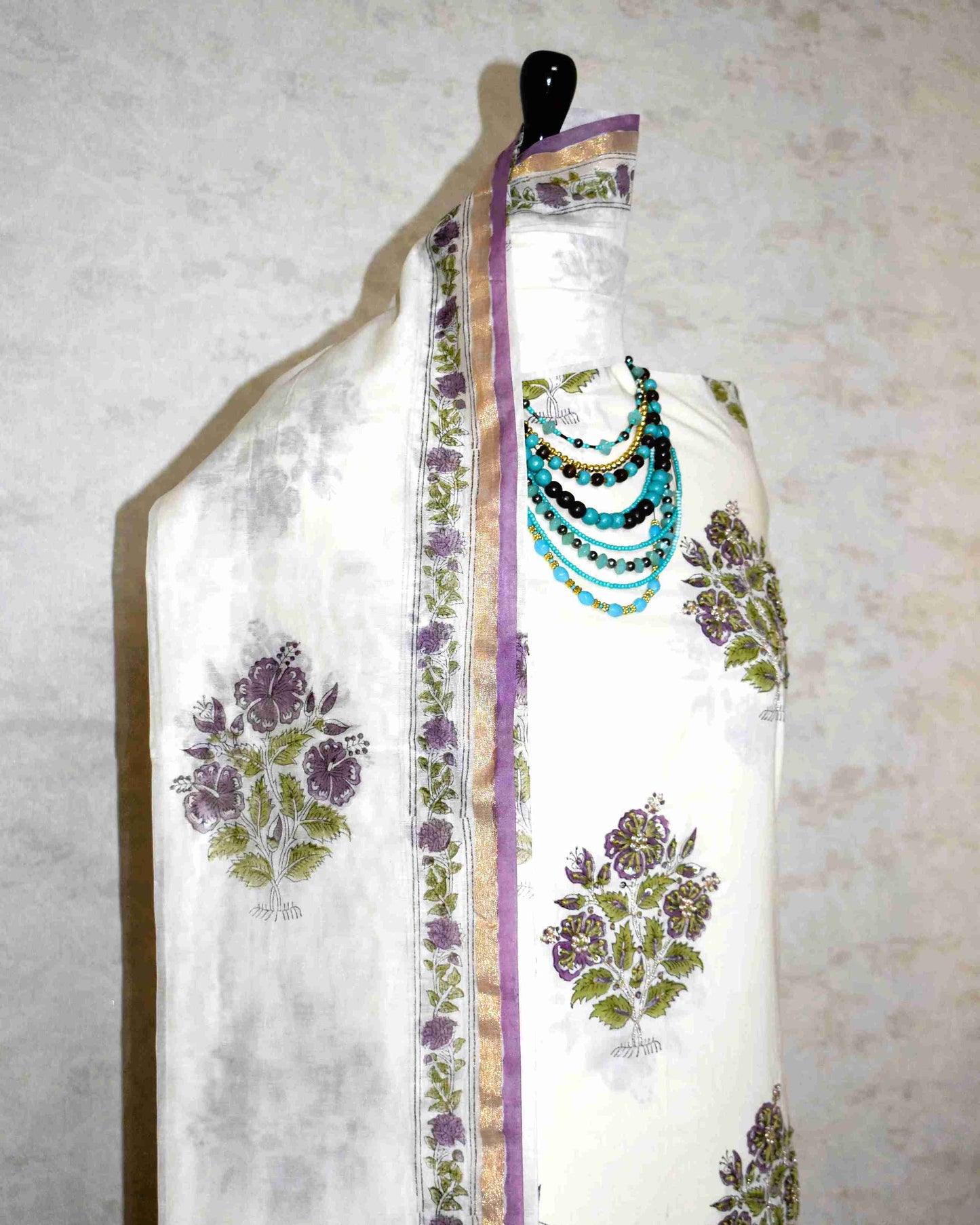 Hand Embroidered and Hand Block Printed Premium Cotton Unstitched Suit with Chanderi Silk Dupatta - Designer Edit