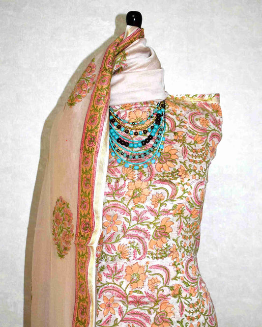 Hand Block Printed Chanderi Silk Suit with Santoon Bottom and Chanderi Silk Dupatta