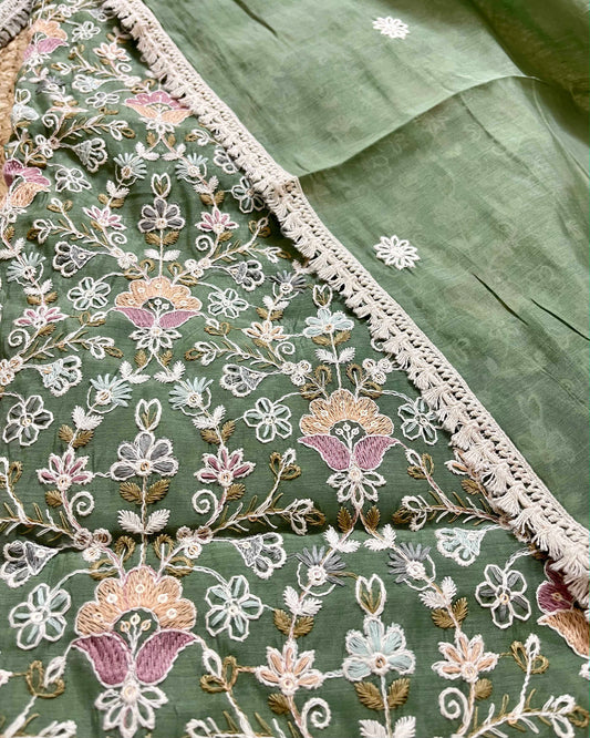 Floral Embroidered Mal Chanderi Unstitched Suit Set with Lace Detailing (Mehndi Green)